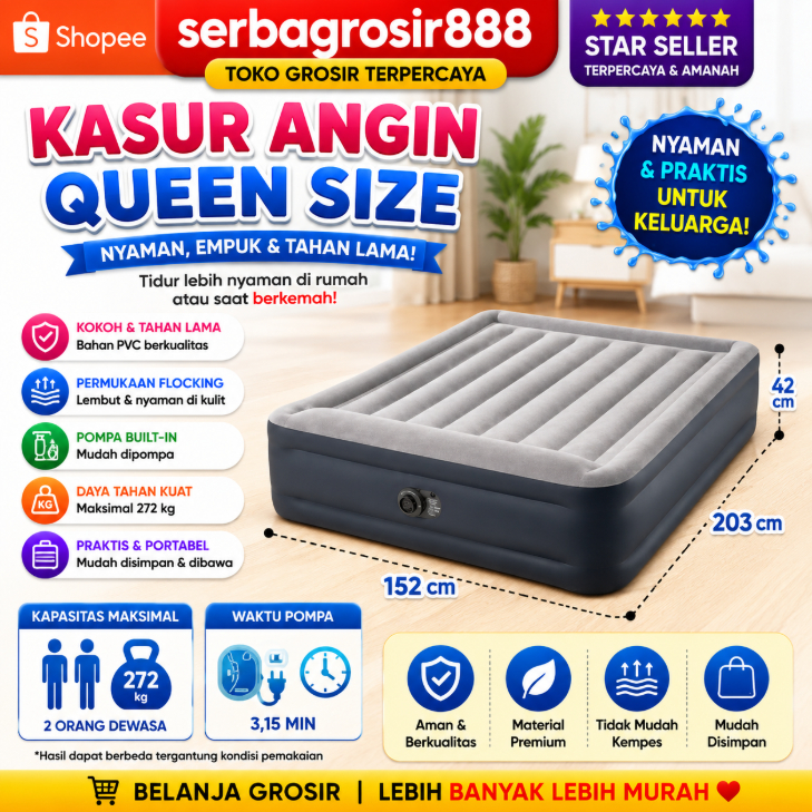 INTEX Kasur Angin Queen Durabeam Deluxe 64136 + pompa + tas kasur angin jumbo intex