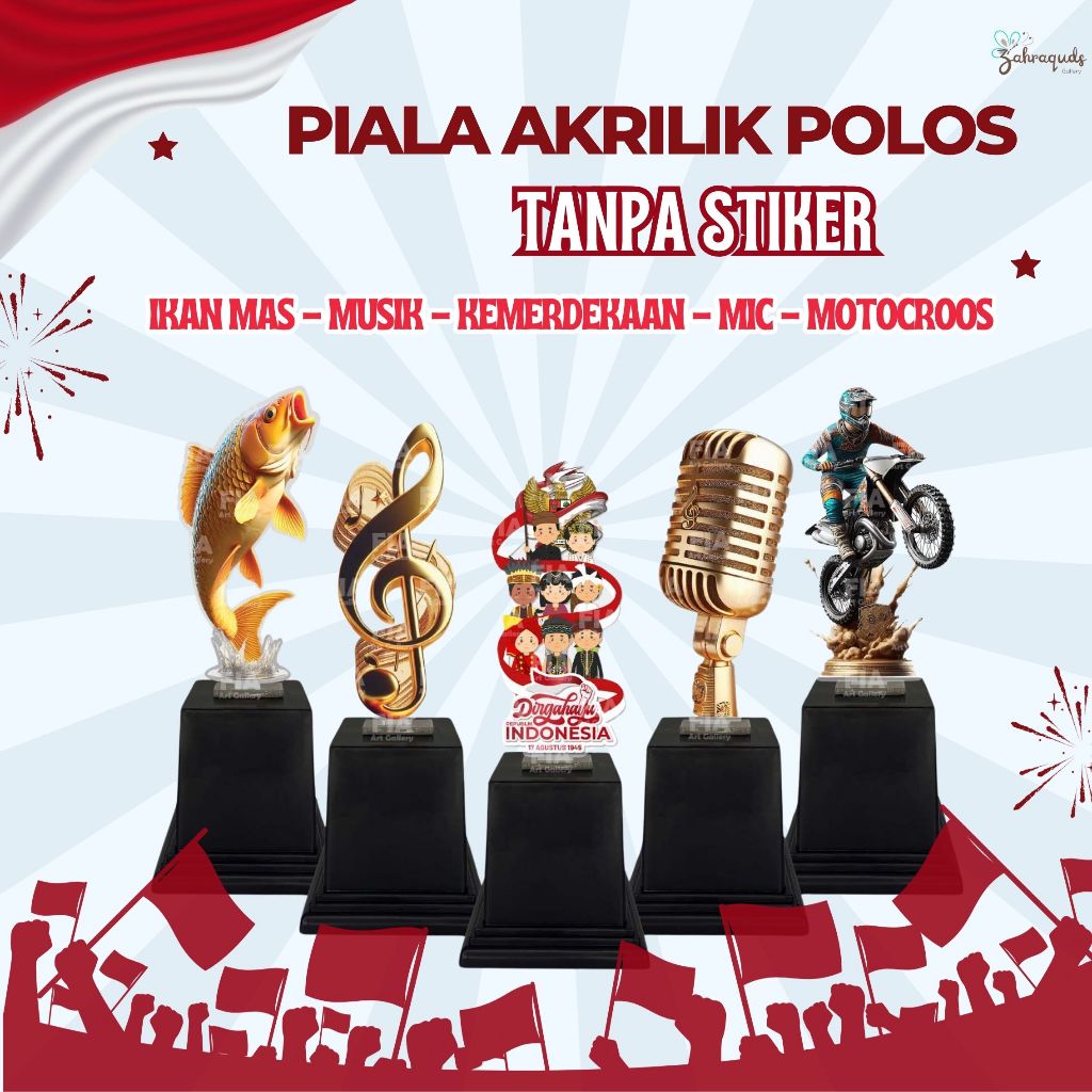 Piala Akrilik Kemerdekaan Agustusan+Ikan Mas / Carp+Motocross,+Musik,+Mic / Karaoke Trophy Piala, So