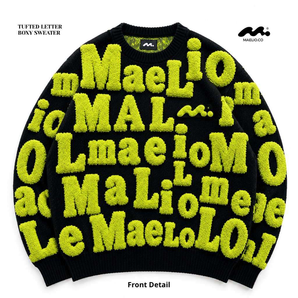 Maelio - Premium 3D Tufted Knit Boxy Sweater with Raised Lettering