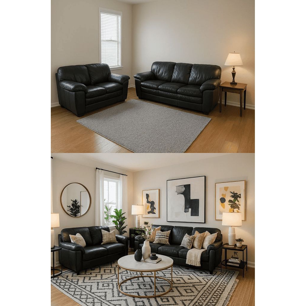 Sofa 3+2 Seater Sofa Kulit Mewah Sofa Black Leather
