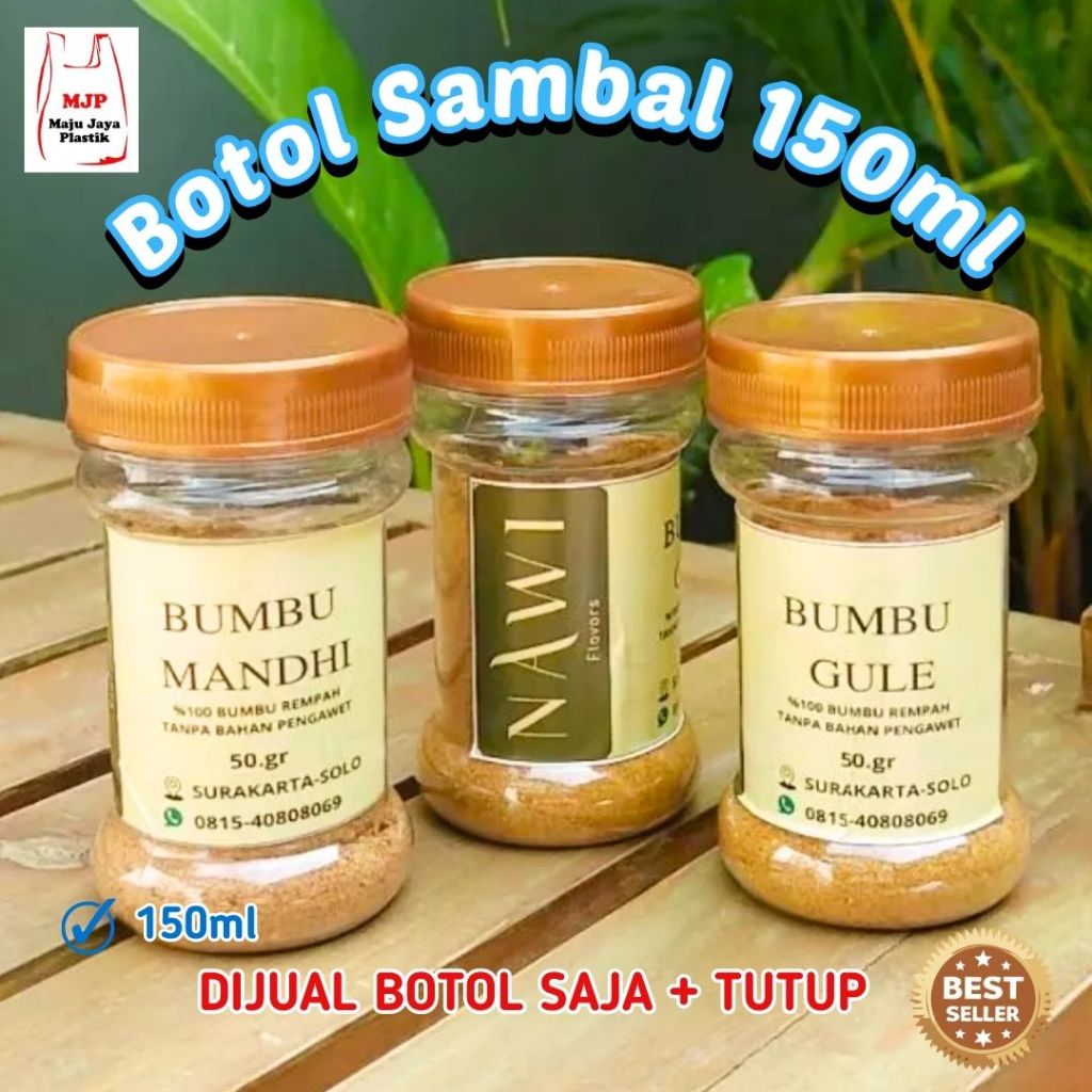 Botol Sambal 150ml PET Food Grade + Tutup | Botol Bumbu Rempah Bon Cabe Bubuk Plastik Transparan Kem
