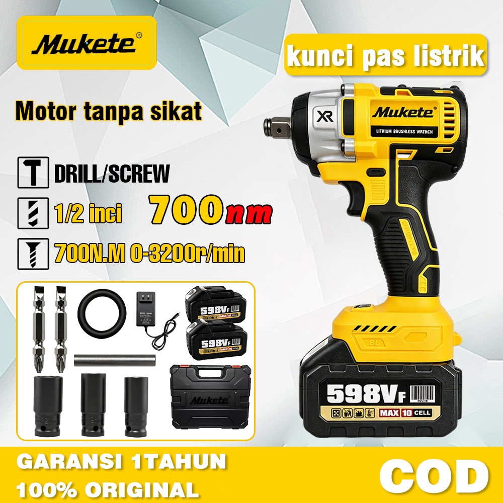 Mukete 700NM impact wrench impact cordless 598V mesin impact Baterai Impek Baterai Kunci Impact
