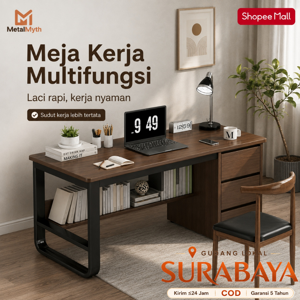 MetalMyth Meja Komputer Meja Kantor Dilengkapi Laci Cocok untuk Kerja dan Belajar 140x50x75cm