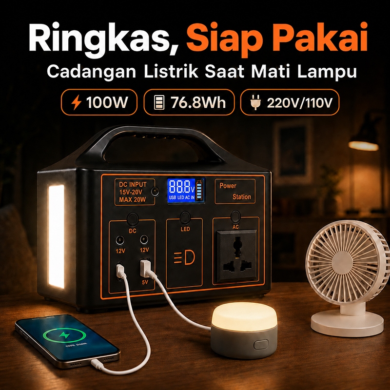 Power Station Portable 100W 76.8Wh 220V/110V, Genset Listrik Portabel Camping Outdoor Darurat Mati L