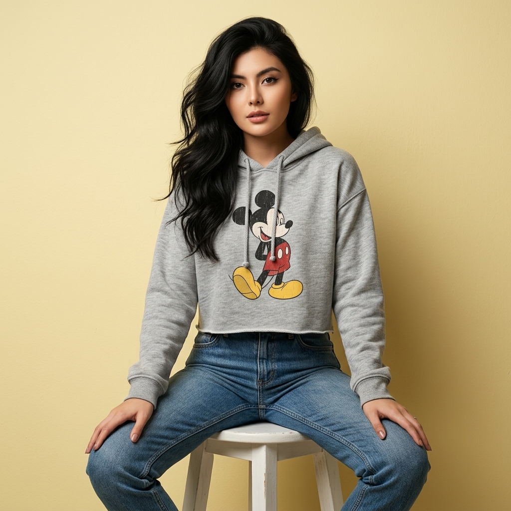 Preloved Rachel Angelalee Bershka Hoodie Crop Wanita Mickey Mouse Abu-Abu Original Oversize Sweater 