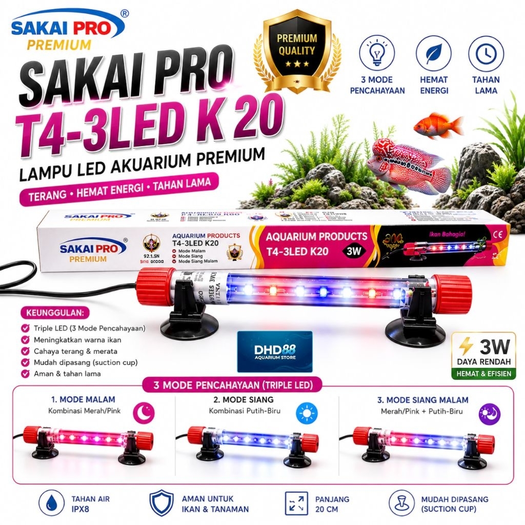 LAMPU CELUP AQUARIUM SAKAI PRO T4 - K20, DAYA 3 WATT.