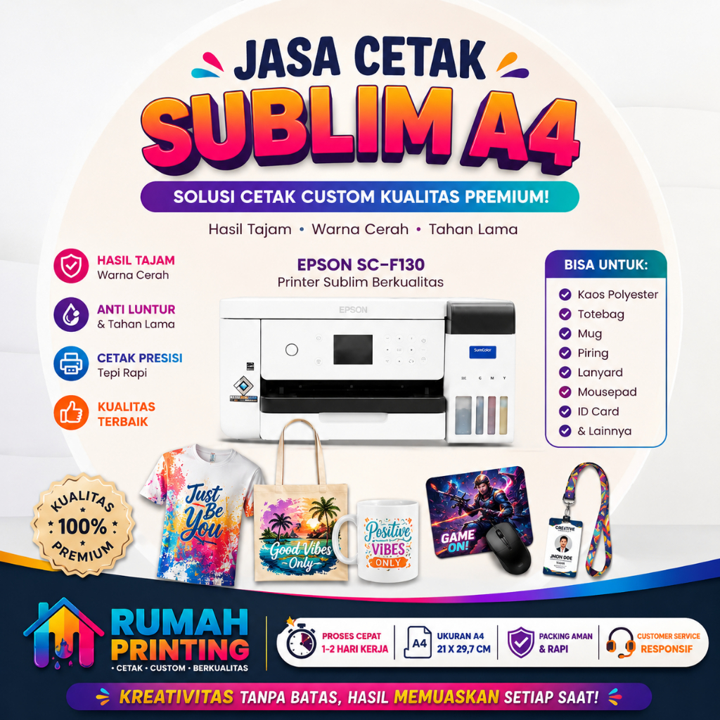 (SEHARI JADI) Jasa Cetak SUBLIM A4 Premium Epson SCF-130 Original Bisnis Sublim
