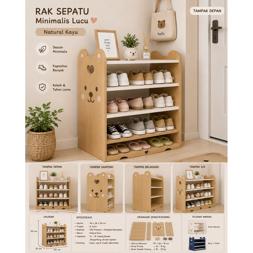 Rak Sepatu Minimalis Lucu Natural Kayu 4 Susun | Rak Sepatu Estetik Karakter Bear | Rak Sepatu Kayu 