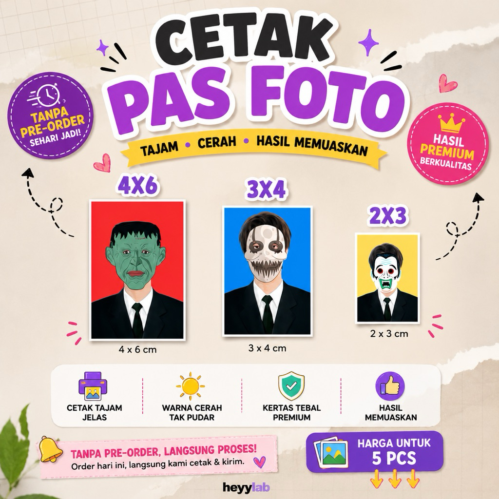 [heyylab] Cetak pas foto 5pcs | print foto | pas foto ukuran 2x3 3x4 4x6 | custom foto
