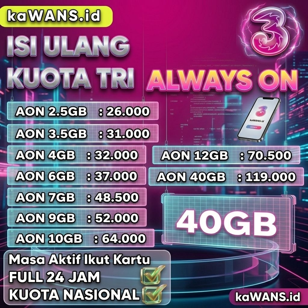 isi ulang kuota internet tri 3 AON ( Always ON)