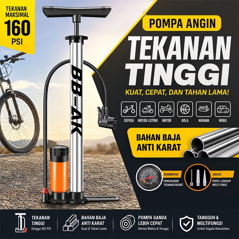 Pompa Angin Ban Tekanan Tinggi 160PSI Tabung Baja Anti Karat dengan Barometer Akurat – Kompresor Ang