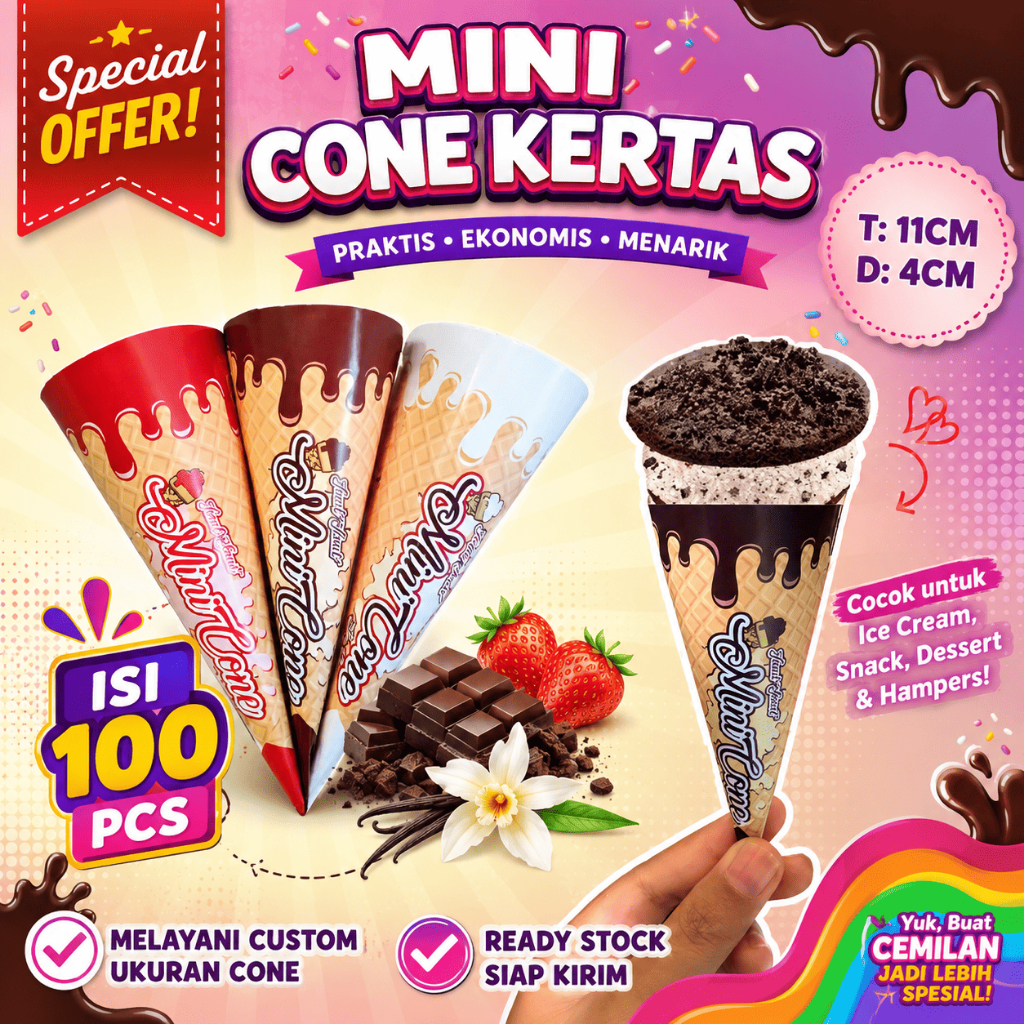 Cone Es Krim 100 pcs Bergambar Aneka Rasa  Kertas Cone BISA COD Mini Cone Corneto Kemasan Cone Kerta