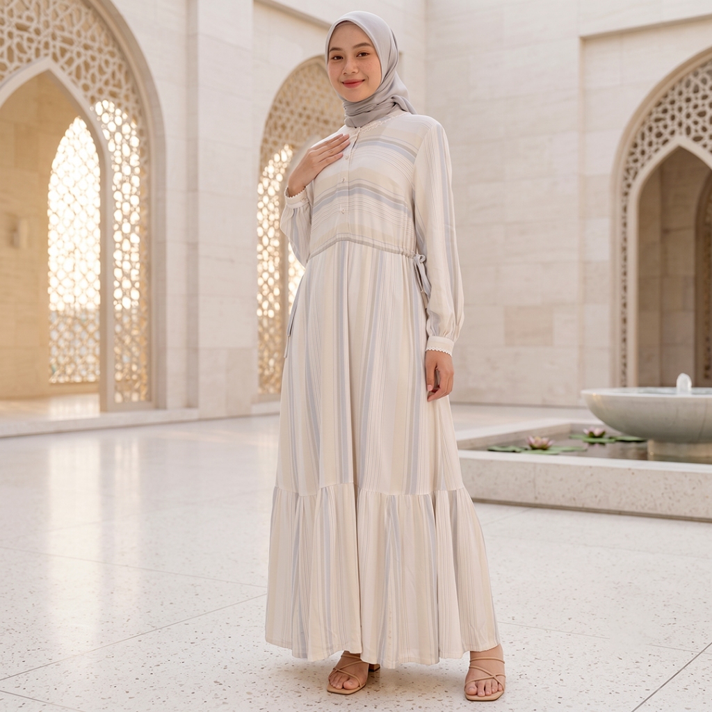 Novel Mice | Gamis Wanita Rayon Twill Salur Zahra Blue | Dress Wanita Lengan Panjang Motif Garis