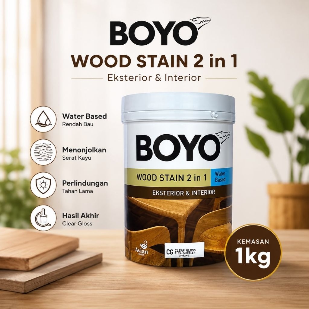 Boyo Woodstain 2 in 1 pewarna + top coat 1liter, Boyo plitur kayu 2 in 1, Boyo Woodstain Plitur kayu