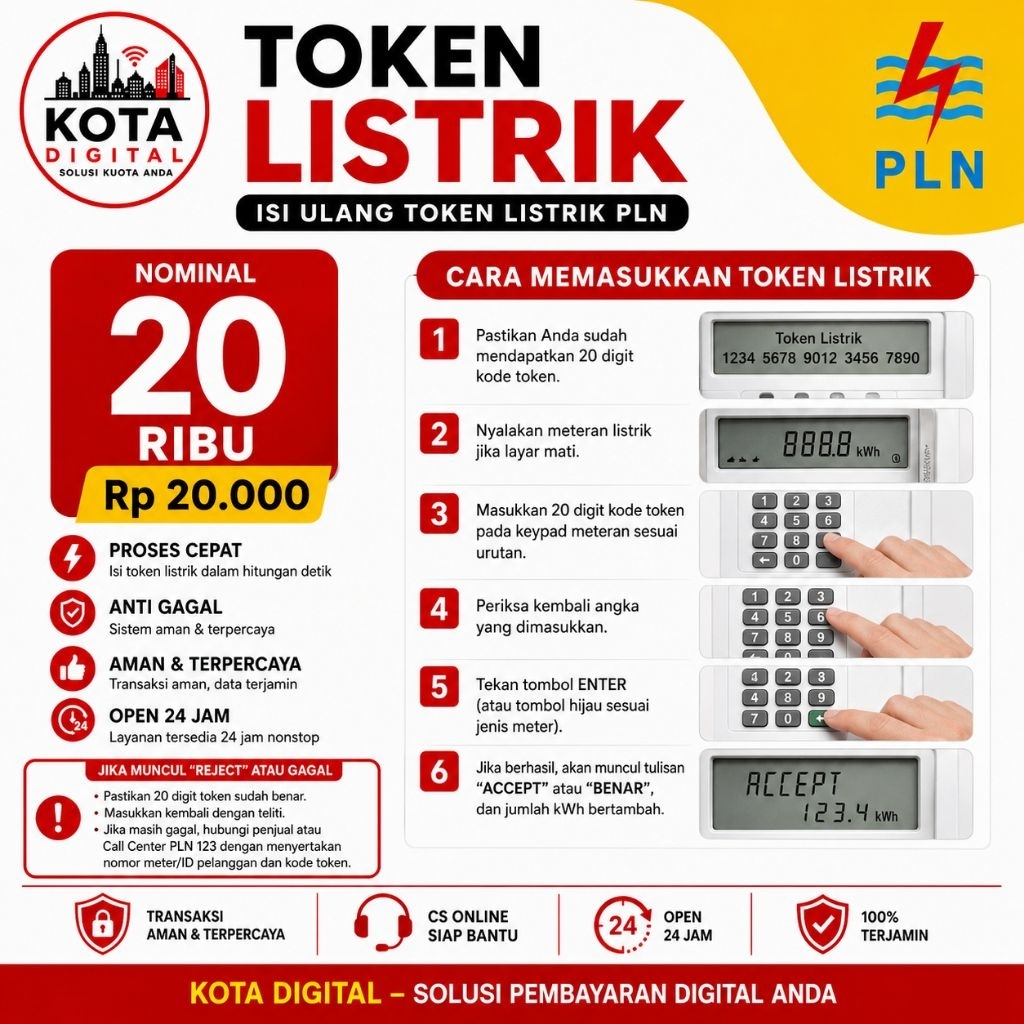 TOKEN LISTRIK PLN 20 RIBU – KOTA DIGITAL | OPEN 24 JAM