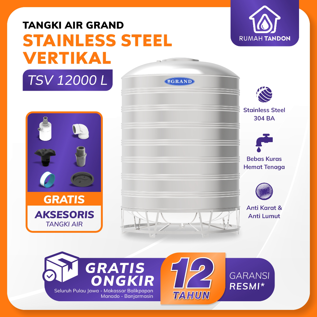 GRAND Tangki Tandon Toren Air Stainless TSV 12000 (11.500 L) Garansi 12 Tahun