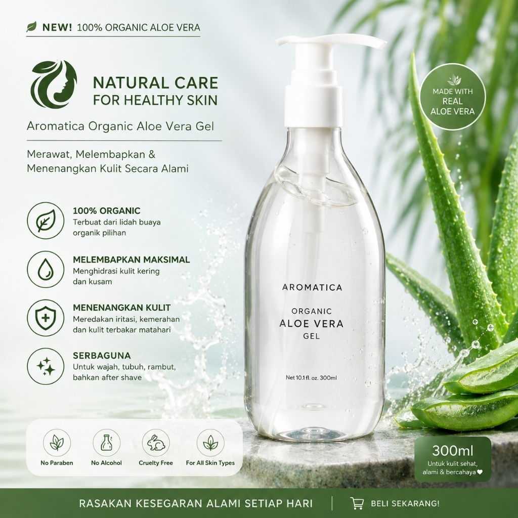Aromatica Organic Aloe Vera gel , moisturizer pelembab wajah badan organic vegan 300 ml