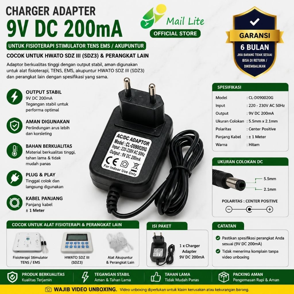 Charger Adaptor 9V Buat Fisioterapi Stimulator Tens EMS hwato sdz III Akupuntur SDZ3