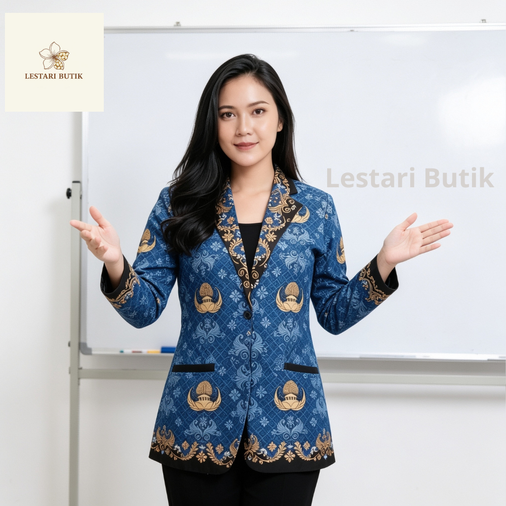 LESTARI BUTIK-Seragam BLAZER Batik Korpri Wanita - Kerah Hitam,FULL FURING,Bahan SEMI SUTRA/BSY Prem