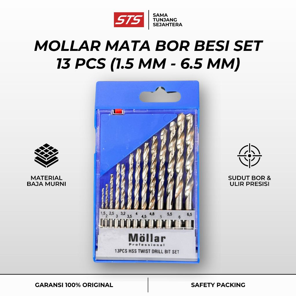 Mata Bor Besi Set Mollar 13 Pcs (1.5mm - 6.5mm) - HSS Twist Drill Bit Set - Alat Pertukangan Bor Kur