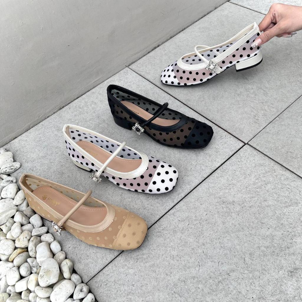 Simoncelli Sepatu Tumit Tahu 3 cm Wanita Polkadot | Sepatu Kerja Hitam | Sepatu Kantor | Sepatu Kore