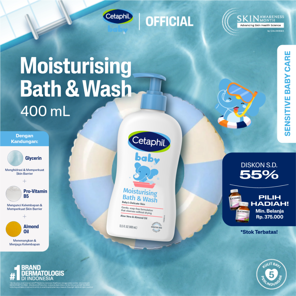 Cetaphil Baby Moist Bath & Wash 400ml Dengan Almond Oil Perawatan Sabun Mandi untuk Melembapkan Kuli