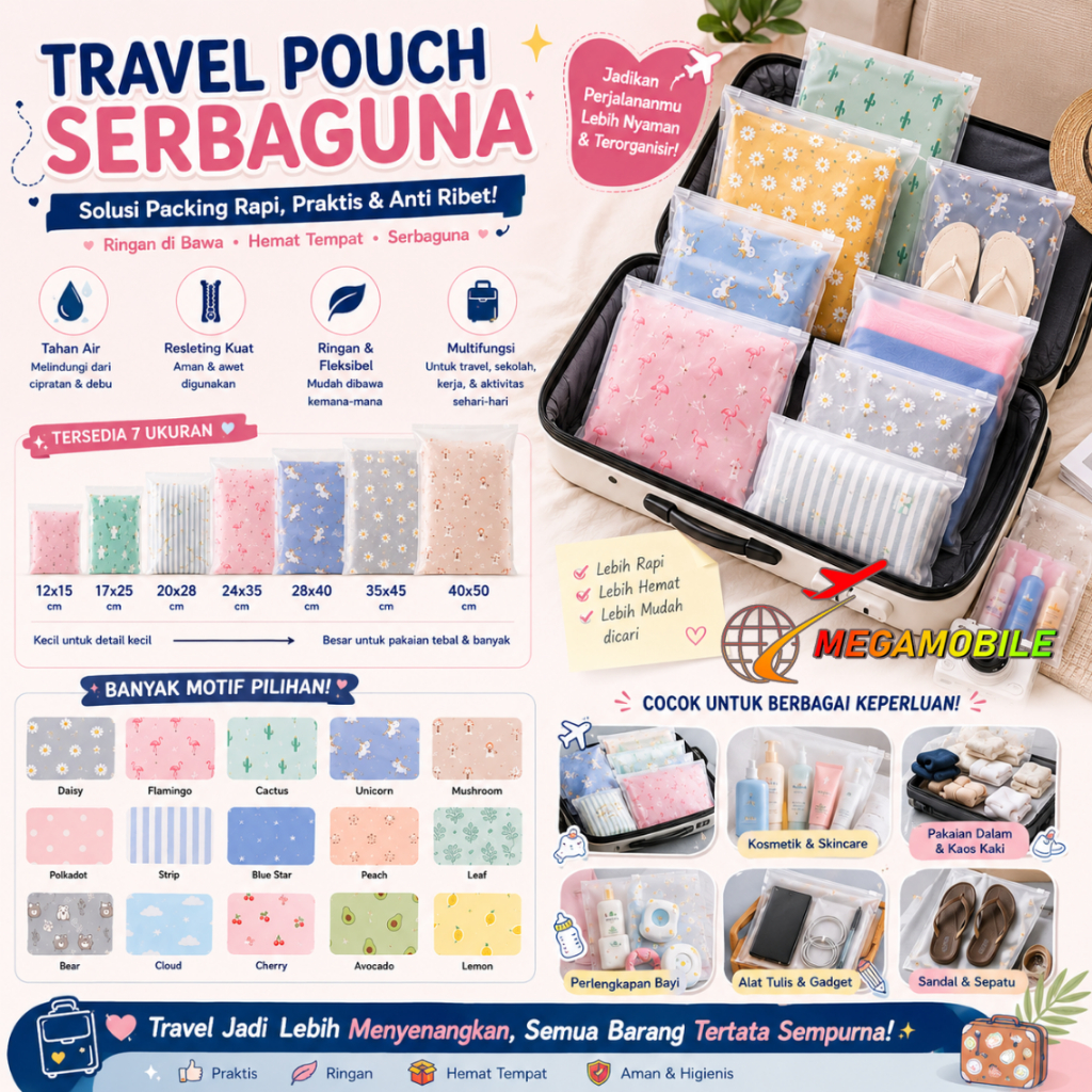 MM Ziplock Karakter Travel Pouch Serbaguna Polos Zipper Motif Packaging Storage Bag Tas Penyimpanan 