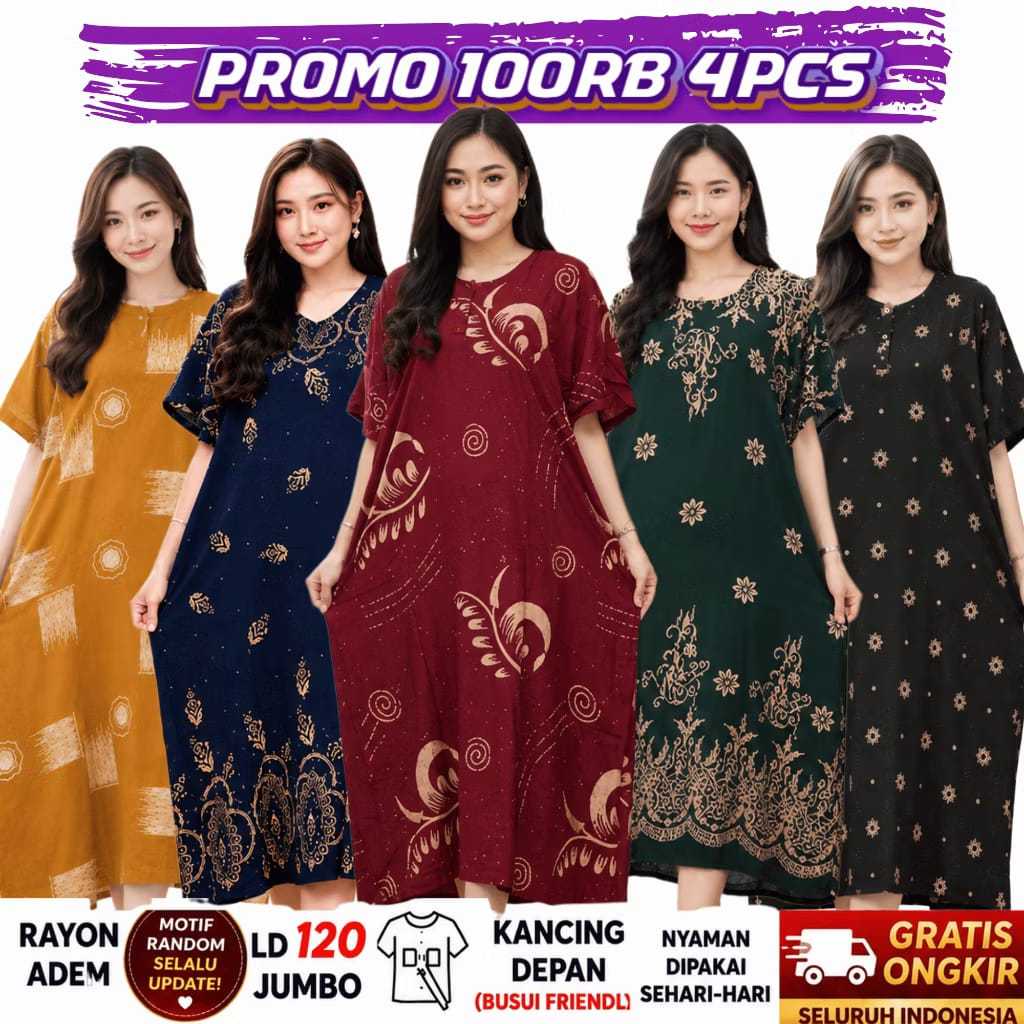 Promo 4pcs Daster Jumbo 100rbuan LD 125cm Kain Rayon Adem Motif Batik Terbaru Elegan Dress Gamis COD