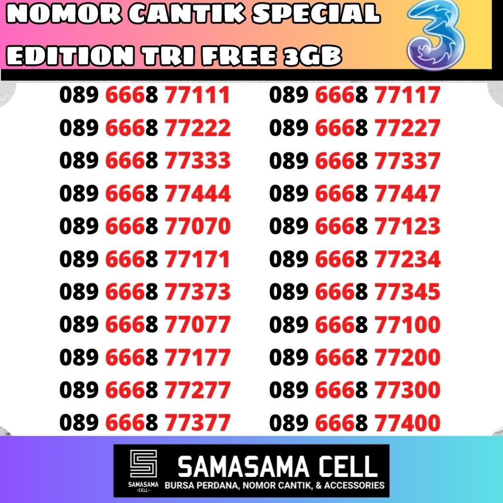KARTU PERDANA TRI / NOMOR CANTIK TRI / FREE 3GB / KARTU TRI 4G / KARTU TRI 5G