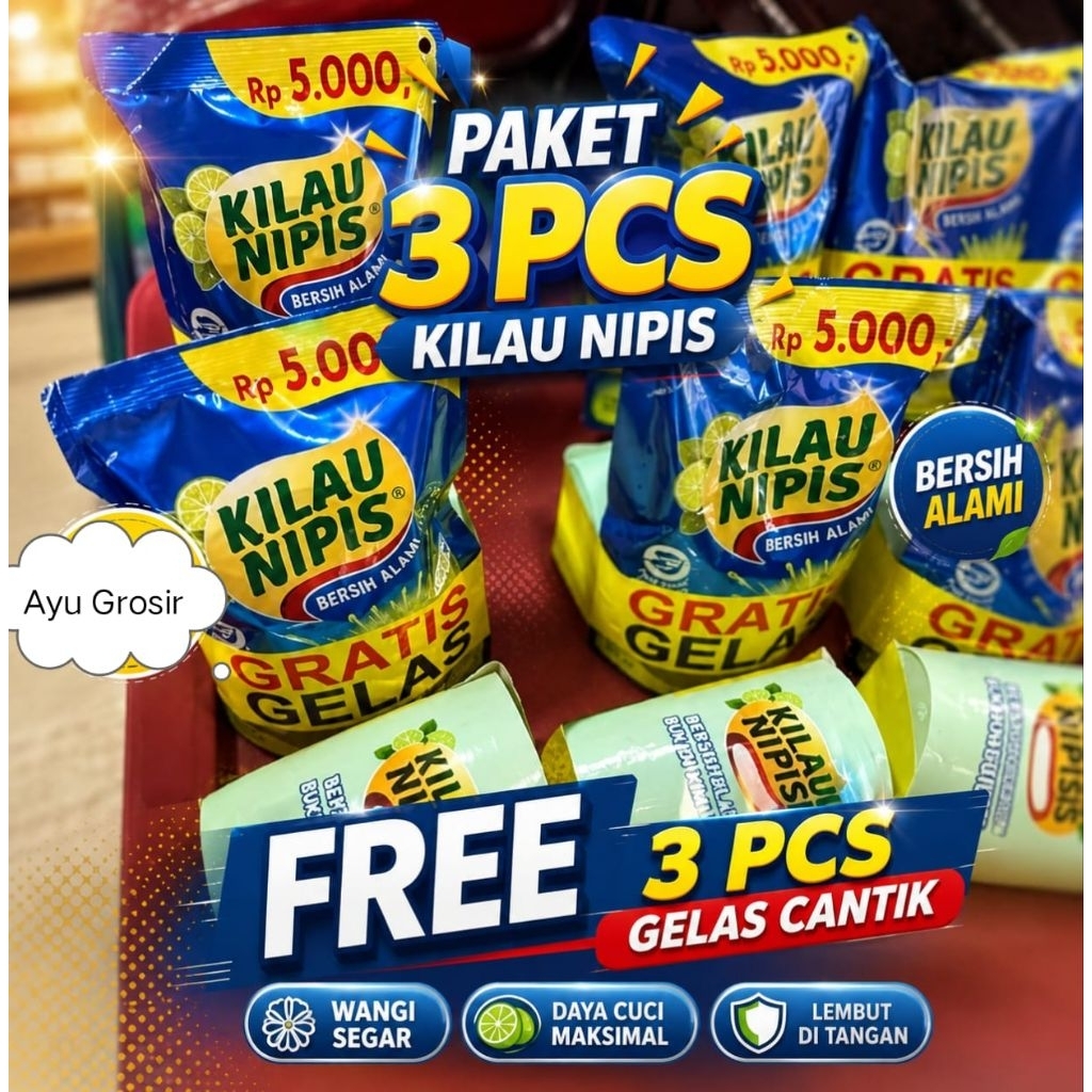 (PAKET 3 PCS KILAU NIPIS BONUS 3 PCS GELAS) Kilau Nipis Sabun Cuci Piring Alami Free Gelas Kemasan 2