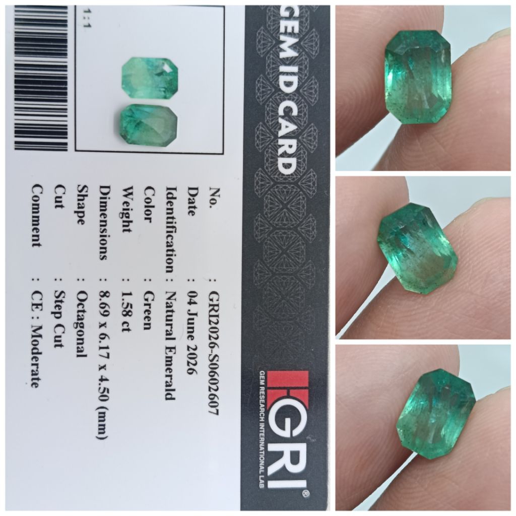 Natural Emerald Beryl Zambia Kristal 1,5ct memo GRI Zamrud Afrika Bagus