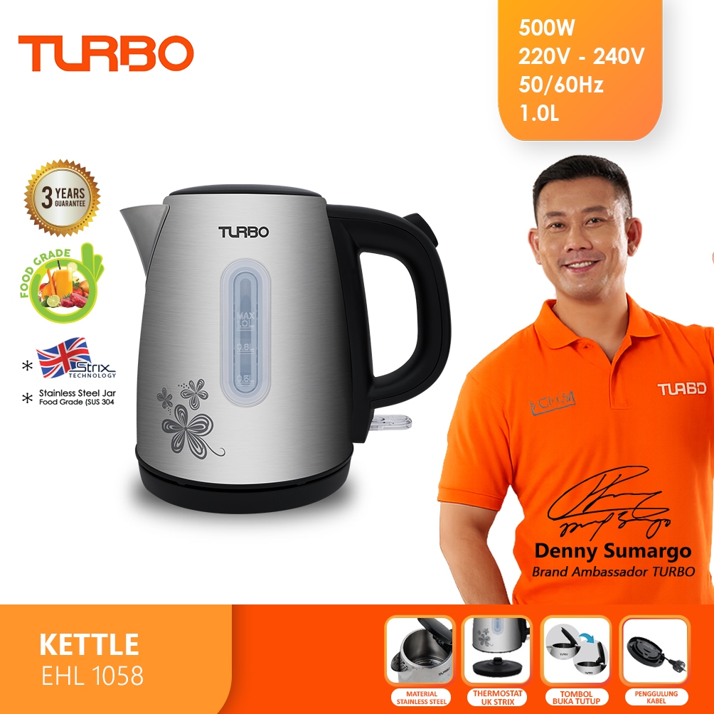 TURBO Kettle Stainless 1 Liter - EHL1058 Teko Listrik EHL 1058