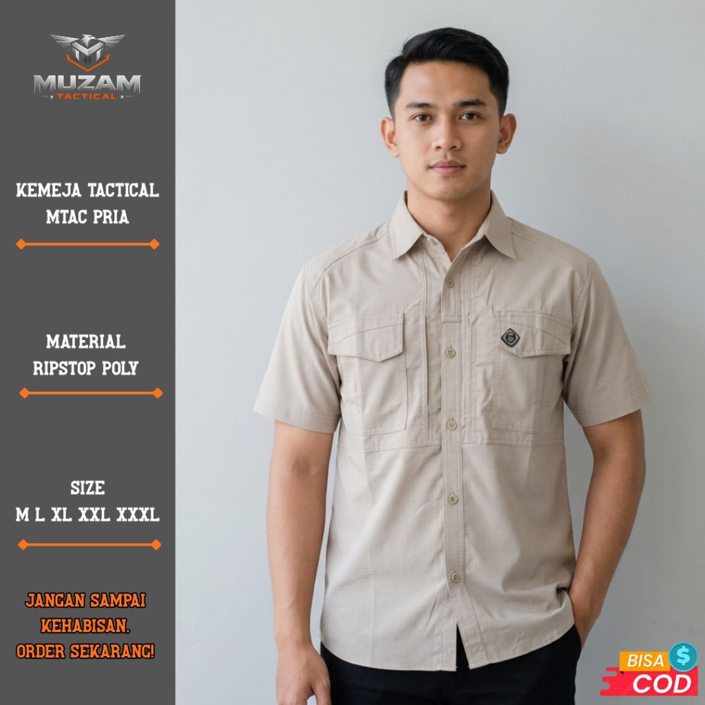 Kemeja Tactical MTAC Lengan Pendek Pria Hitam Putih Navy Cream Abu - Baju PDL Lapangan Kerja Outdoor