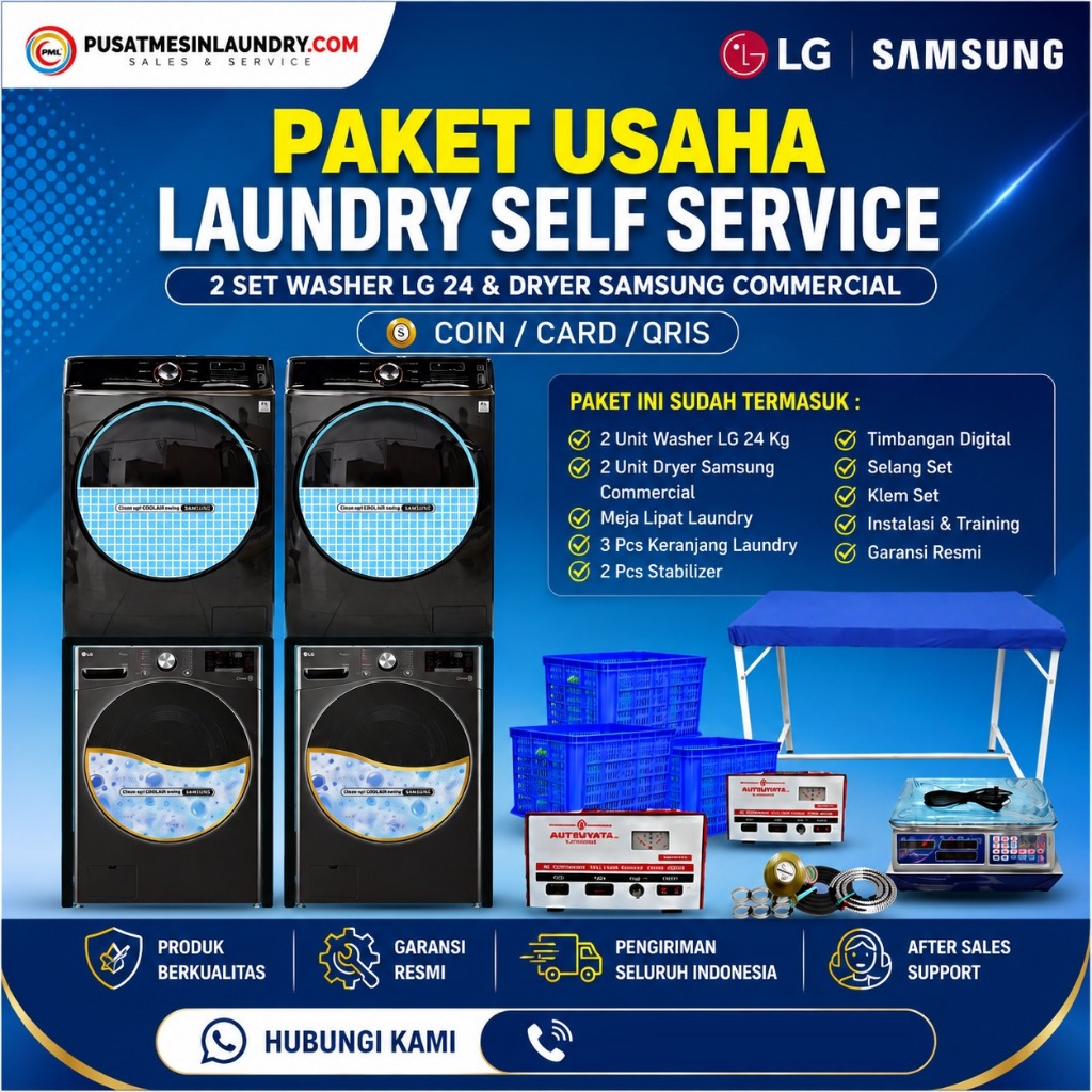 Paket Usaha Laundry Self Service LG 24 Kg & Dryer Samsung Commercial