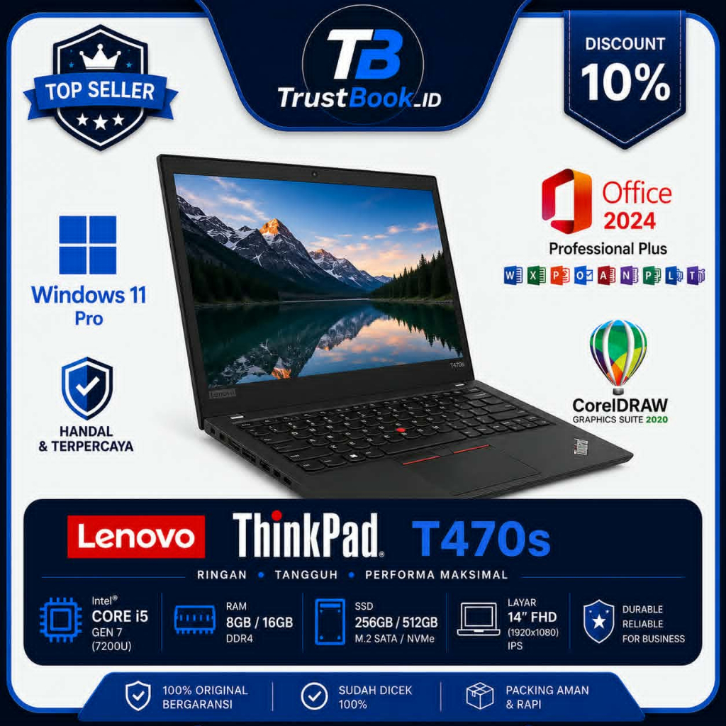 Laptop Bekas Lenovo ThinkPad T470s  i7/i5 Gen 6/7 RAM 16GB SSD 256GB Desain Ringan, Kinerja Kencang,