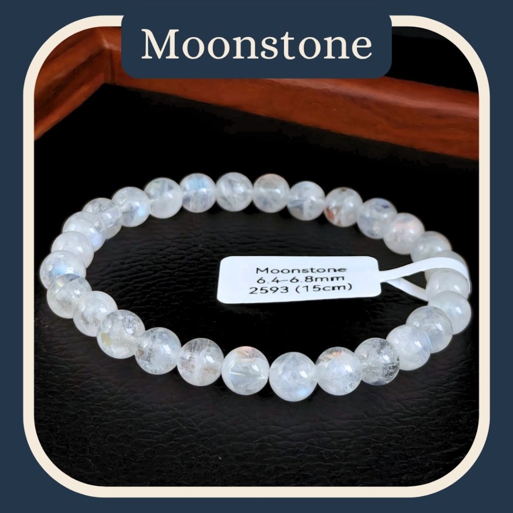 Gelang Batu Natural Rainbow Moonstone 6.4-6.8mm + Certificate | Batu Asli Bersertifikat