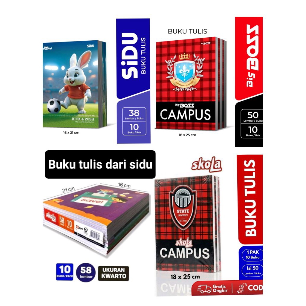( 10 pcs ) BUKU TULIS campuss bigboss ,sinar dunia / sidu 38 lembar , 58 lembar | buku tuli murah ,b