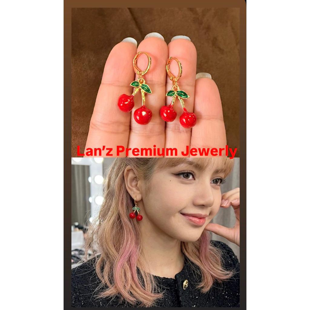 Anting Cherry Merah Clip Panjang Gold Wanita Titanium Terbaru