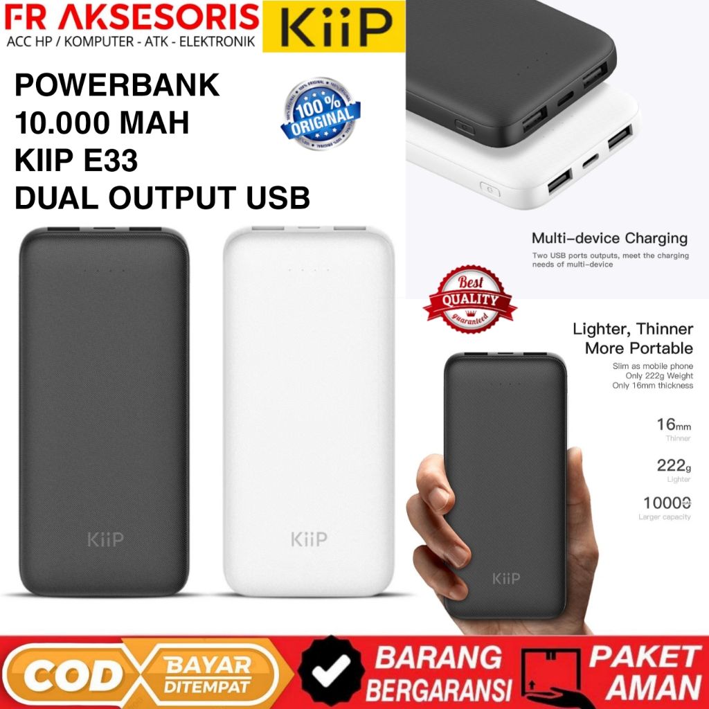 Power Bank KiiP E33 Slim 10000mAh - Desain Tipis, Dual Input, Aman untuk Pesawat powerbank 10000 mah