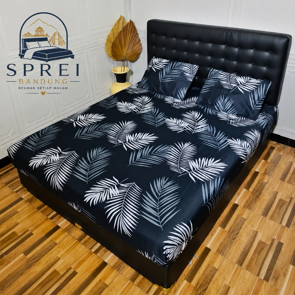 Sprei Motif Daun Hitam Elegan Premium – Set Sprei & Sarung Bantal