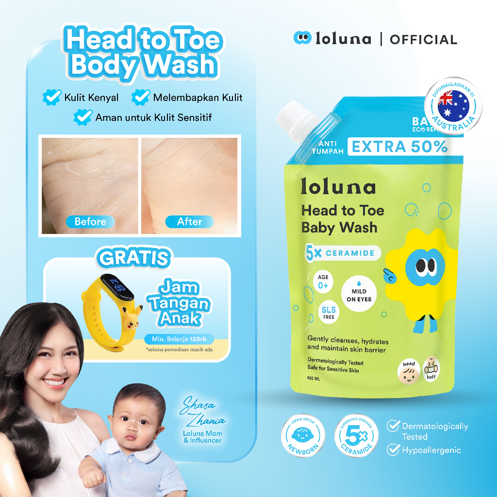 LOLUNA Head to Toe Wash 450ml Refill - Sabun Sampo Mandi Perawatan Kulit Bayi dan Anak / Sabun untuk