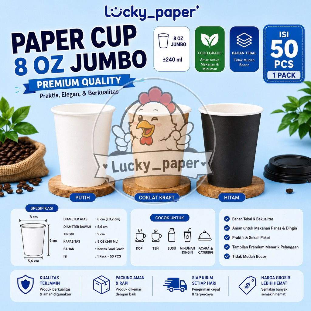 GELAS CUP/PAPER CUP WARNA POLOS  Hot Paper Cup 8 oz / Gelas Kertas 8oz JUMBO 240ml Putih Coklat Hita