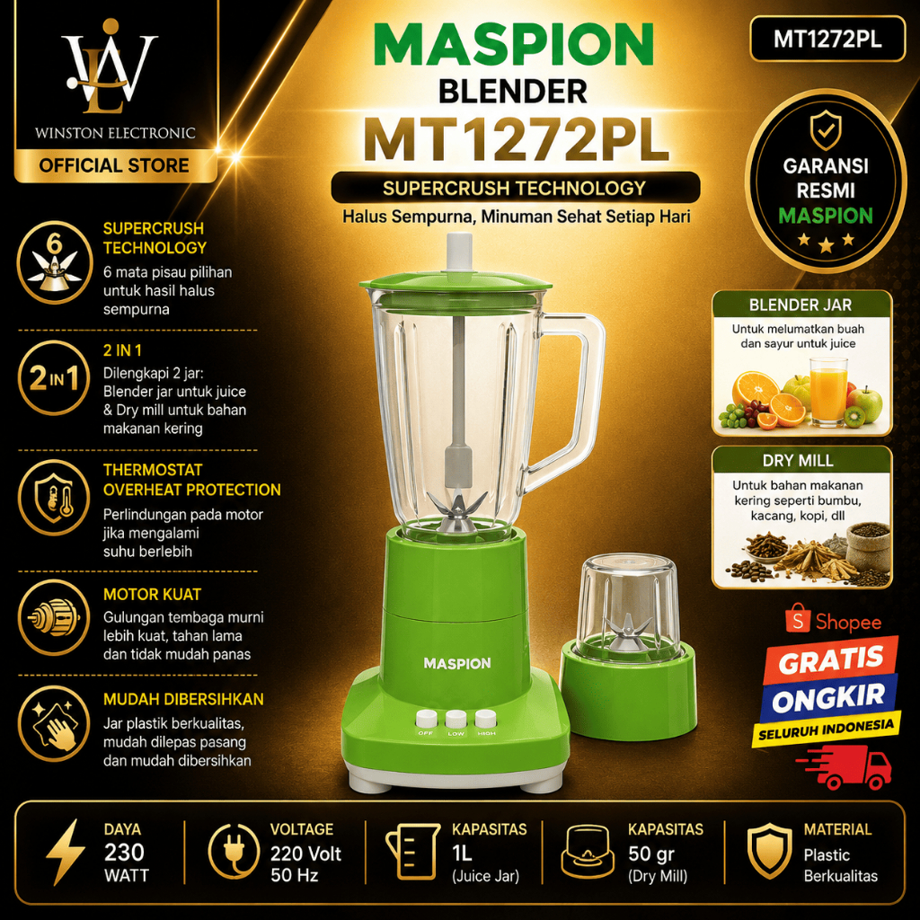 BLENDER MASPION  2IN1 MT 1272PL/MT-1272PL/MT1272PL/MT1272 PL/Blender 1Liter/MASPION BLENDER 2IN1 ORI