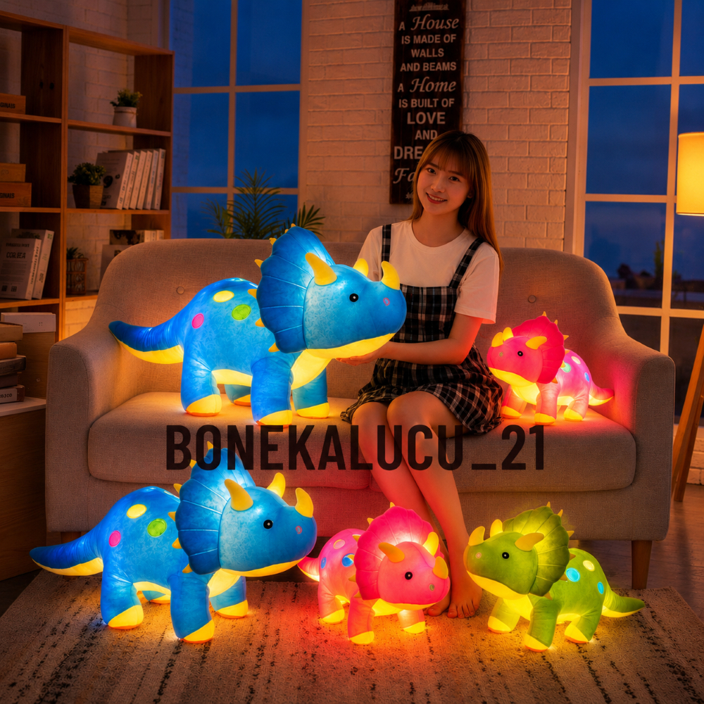 Boneka Dinosaurus Jumbo 70 cm Plus LED Bisa Nyala Animal Dino Triceraptop Badak Lucu Halus Lembut
