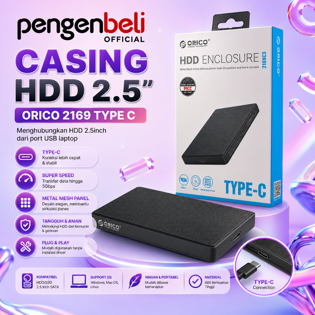 Casing HDD ORICO 2169C3 USB Type C SSD 2.5 Inch Harddisk External Plug & Play