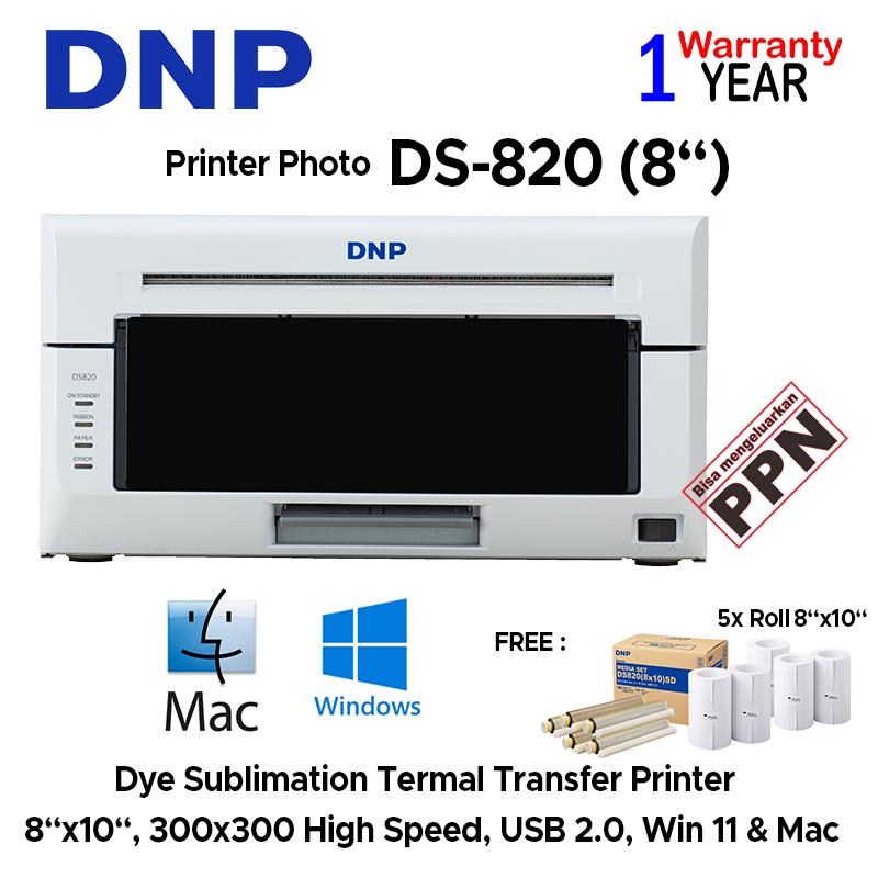 Printer Photo DNP DS-820 + 5 roll Paper 8"x10" : Dye Sublimation Thermal, 29.3 sec, USB 2.0, Win/Mac