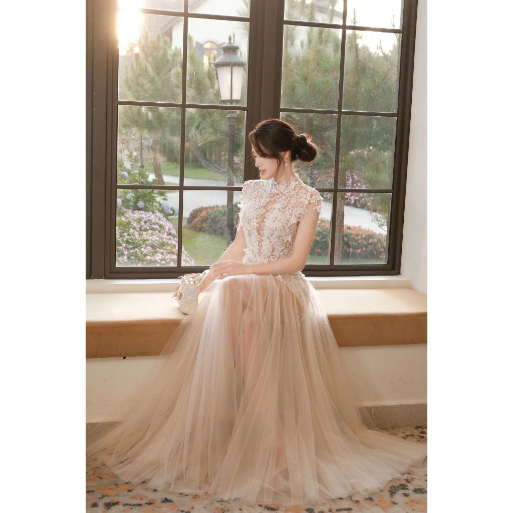 LONG DRESS PREMIUM BROKAT TULLE PUTIH ELEGANT LUXURY ENGAGEMENT SANGJIT FORMAL GOWN SIMPLE OLD MONEY
