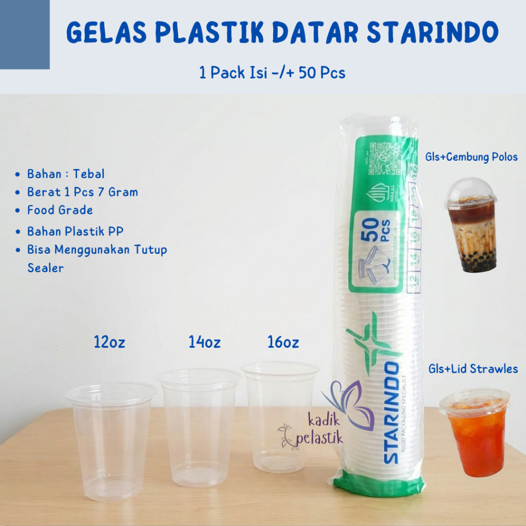 Gelas Cup Datar Plastik PP Bening Starindo 7 Gram Isi 50 Pcs Ukuran 120z 140z 16oz I Gelas Minuman K
