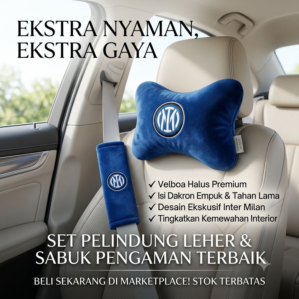 Bantal Mobil INTER MILAN + Cover Seatbelt Bordir Komputer | Bahan Velboa Premium Isi Dakron Tebal | 