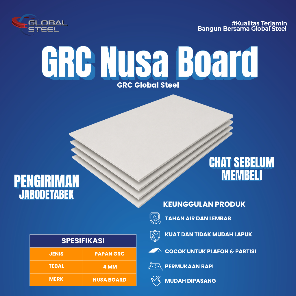 Global Steel - GRC Nusa Board Tebal 4mm – Papan GRC untuk Dinding & Plafon Kuat, Tahan Air & Anti Ra